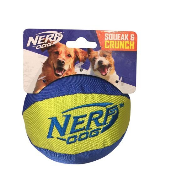 Nerf Dog Squeaker Crunch Canvas Striped 4 1/2" Ball Dog Toy Yellow Blue - Picture 1 of 3